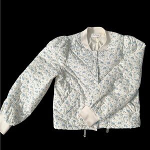 White and Blue Quilted Bomber Jacket with Ribbed Cuffs